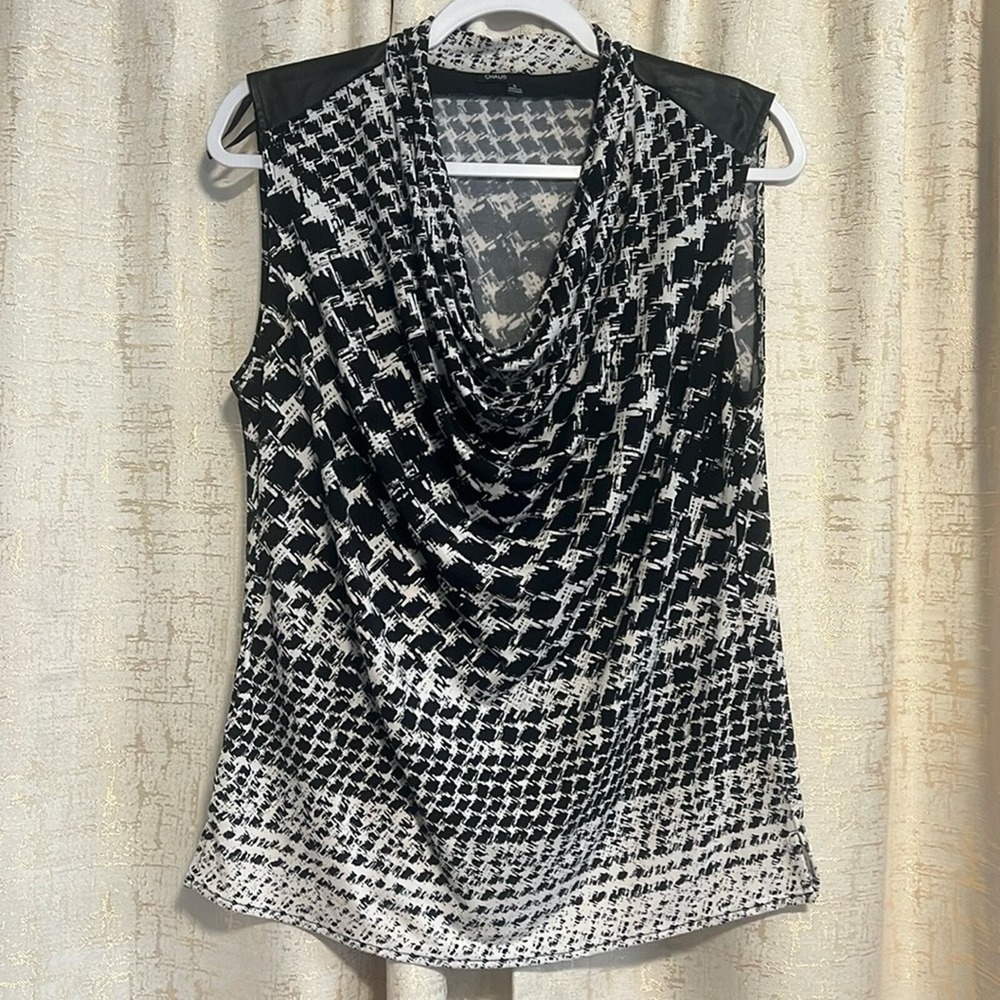 Chaus Cowl Neck Blouse Women's Small Black White Faux Leather Trim Modern career